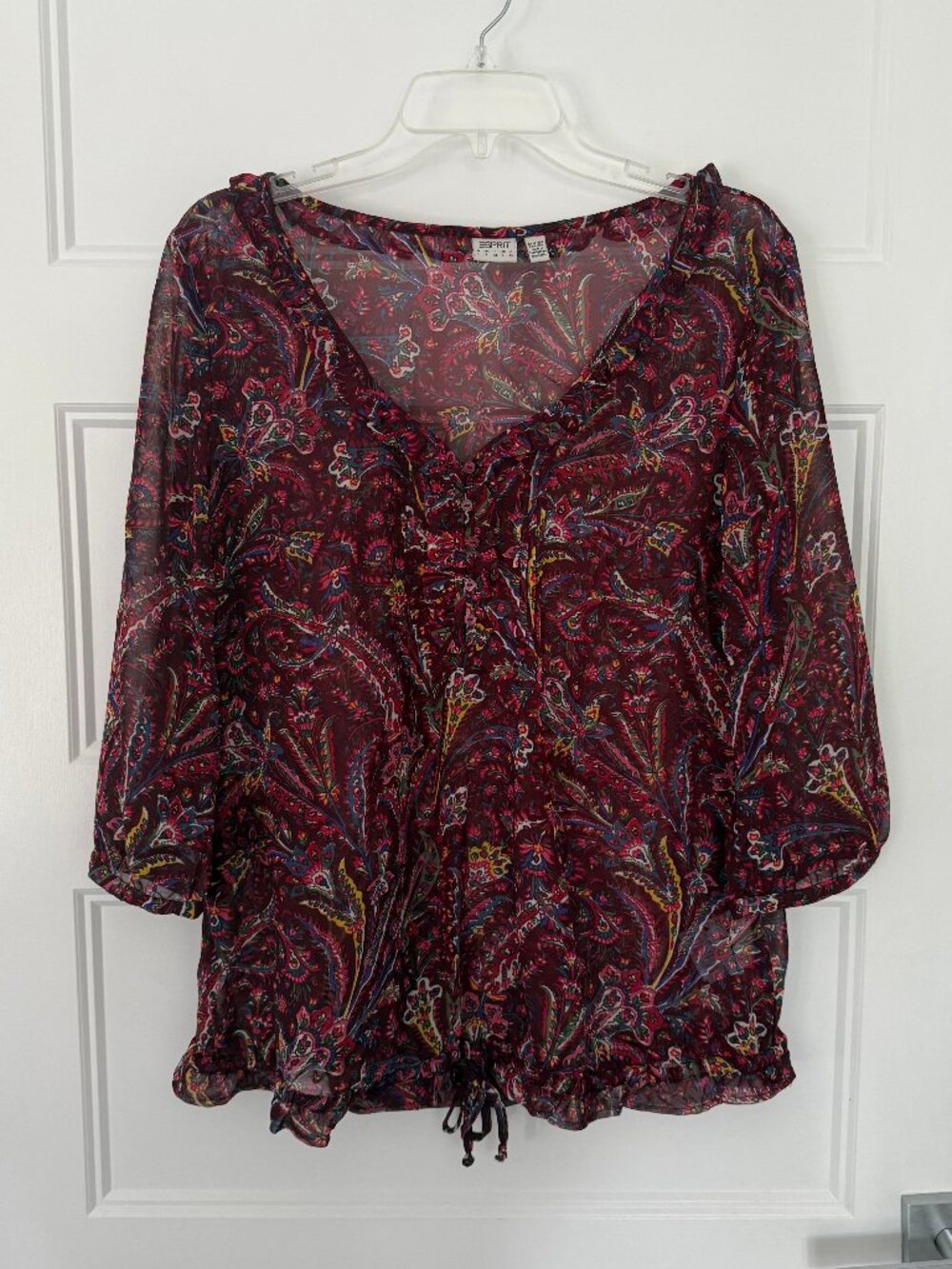 Esprit - Burgundy Paisley Sheer Blouse with Drawstring Hem - L